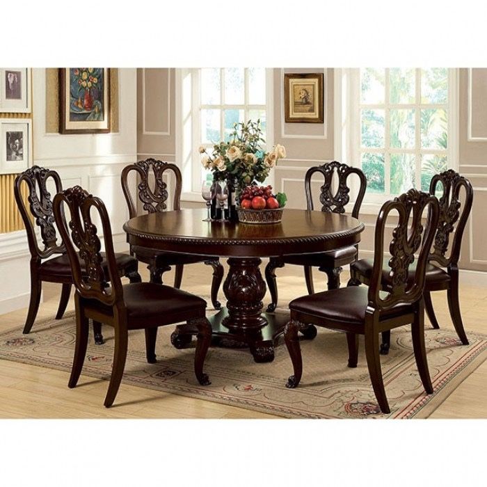 BROWN CHERRY FINISH 5 PIECE ROUND DINING TABLE SET SIDE CHAIRS LYRE BACKS PEDESTAL BASE,All Products : American Fashion Style Bags On Sale