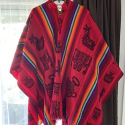 Hooded Red and Rainbow Stripes Poncho one size Like New