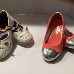“Size 13 Girls Shoes” Neon pink Flats & Rainbow Unicorn Sneakers