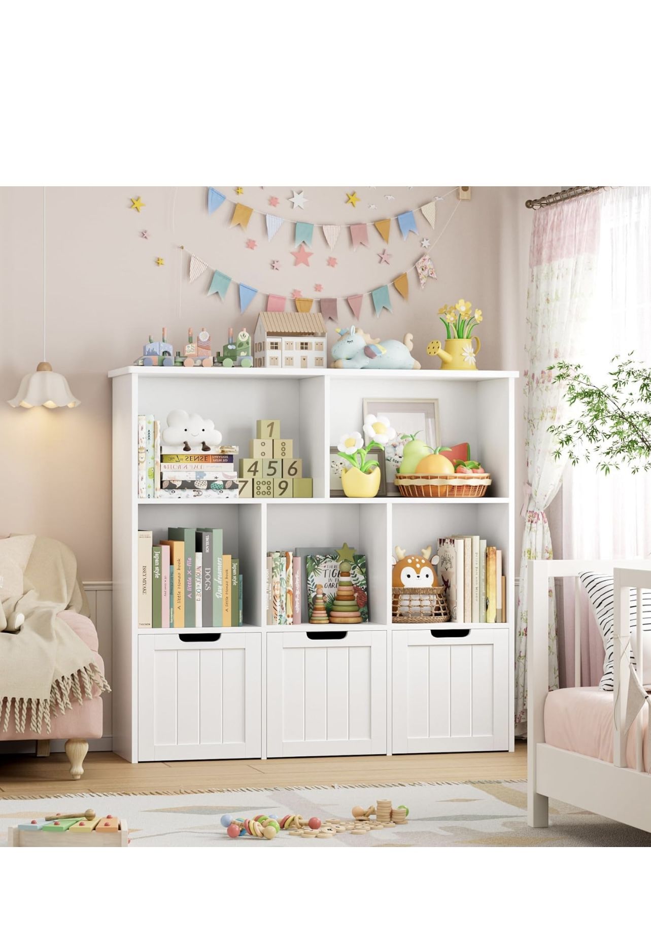 Toy Storage Organizer with 3 Movable Drawers Toy Organizer with Hidden Wheels and 5 Open Cubbies Multifunctional Floor Storage Chest for Pla