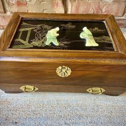 Vintage Larger Wood Asian Japanese Oriental Jade Jewelry Chest Soapstone Figures & Brass Handles 
