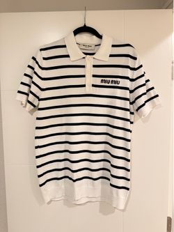 Miu Miu Men’s White/Black Striped Knit Embroidered Logo Polo Size Small