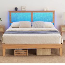 Solid Wood Queen Bed Frame with Natural Rattan Headboard and accent lights- new in box
