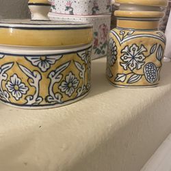 Hand Painted Ceramic Canister Set -yellow And Blue Talavera Style(minor Chip)