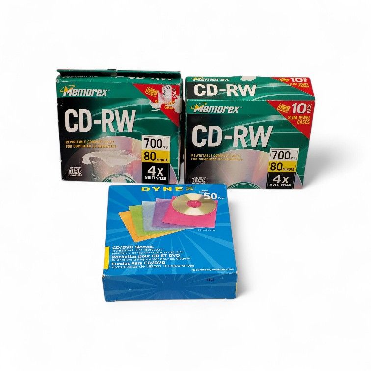 (Lot Of 3) (2) Memorex CD-RW 10 Pack 4x 700mb 80 Min & (1) Dynex 50 Pack Sleeves New boxes have damage. See Pics. This is a (2)X 10-pack of Memorex CD