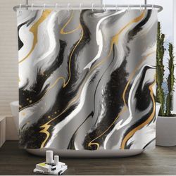 Abstract Marble Fabric Shower Curtain Ink Art Painting Shower Curtain Cloth for Bathroom Black Grey White Modern Cloth Curtain with Hooks 60x72 inches
