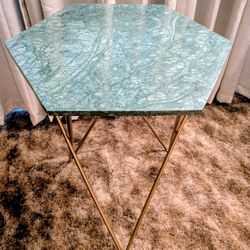 Very Heavy Hexagon Green Marble Accent Table Golden Metal Legs 