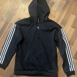 Adidas Black Hoodie with White Stripes - Size Small - Mesh Lined Hood
