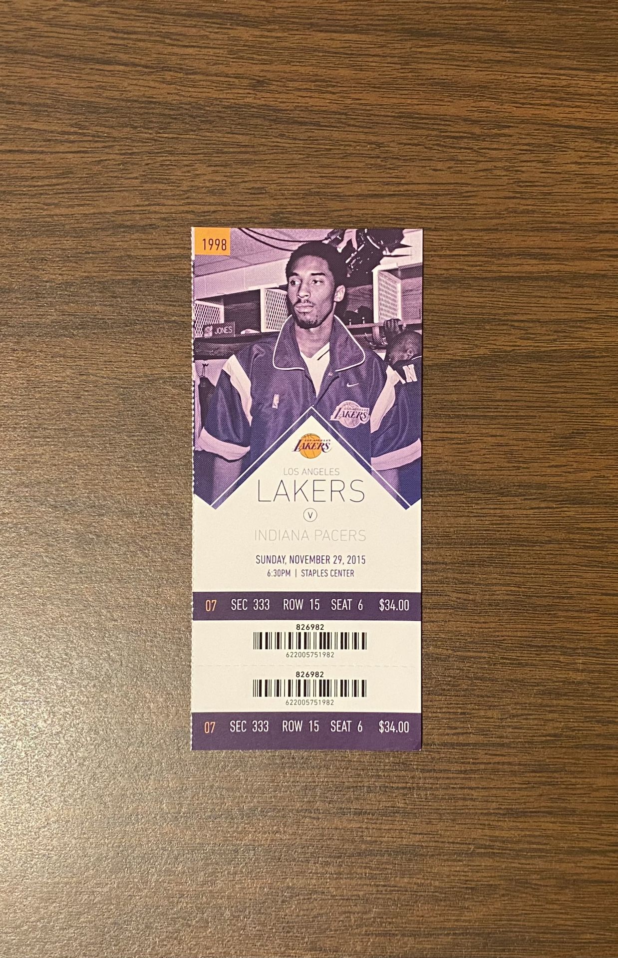 KOBE BRYANT ANNOUNCES RETIREMENT 2015 NBA AUTHENTIC FULL GAME TICKET 11/29/2015 LOS ANGELES LAKERS vs INDIANA PACERS “BLACK MAMBA”