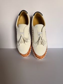 Women's Off-White Tassel Slip-On Sneakers with Cork Midsole Trim
