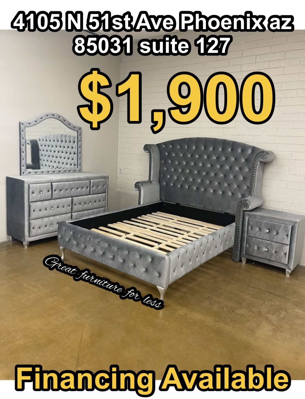 4 PCs Queen Size Bedroom Set Grey Velvet Include Bed Frame Dresser Mirror And 1 Nightstand Brand New