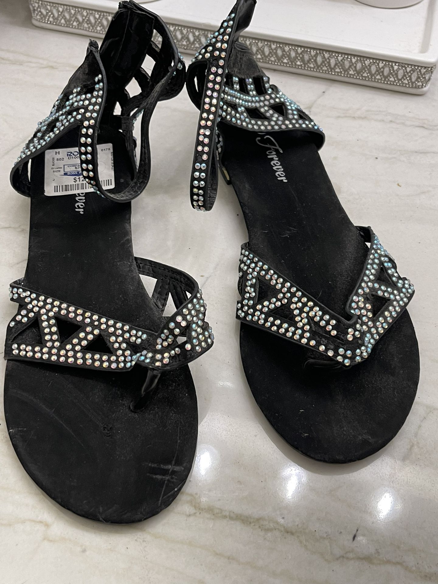 Black With Sparkly Rhinestones, Gladiator, Flat Sandals