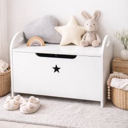 New Kids Wooden Toy Box and Bench with Child Safety Hinge| Toy Storage with Handles| White