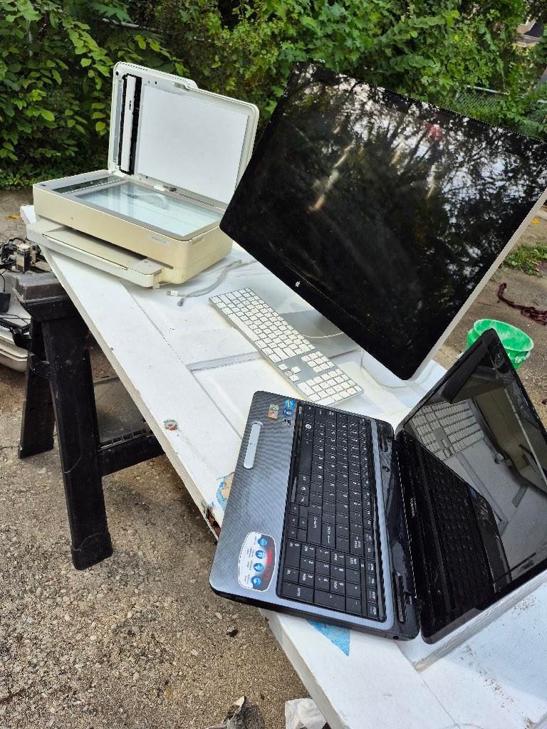 Laptop, Printer And Apple Desktop
