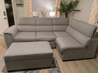 Convertable futon sleeper L-shaped sofa with storage ottoman