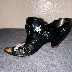 VTG Fenton Art Blk Glass Cabbage Rose Slipper Shoe Figurine Signed V.Gherke 6”