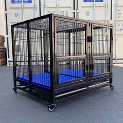 XXXL Heavy Duty Dog Cage, 50” Large Dog Kennel With Divider, blue floor grid and wheels