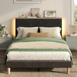 Y206-Queen Bed Frame with Adjustable Headboard & LED Lighting, Corduroy Upholstered Platform Bed Frame with Storage Shelf, Solid Wood Slats, No Box Sp