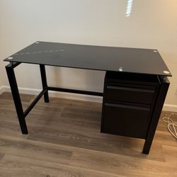 Glass Top Metal Frame Computer Desk With Drawers