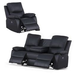 Genuine Leather Power Recliner (Set Of 2pc), Chair + 3-Seater Sofa Couch