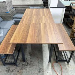 Vabches Extendable Dining Table for 4-8 Person，63" Extendable Dining Room Table Set with Storage Rack and 2 Benches,Meeting for Small Kitchens, Dining