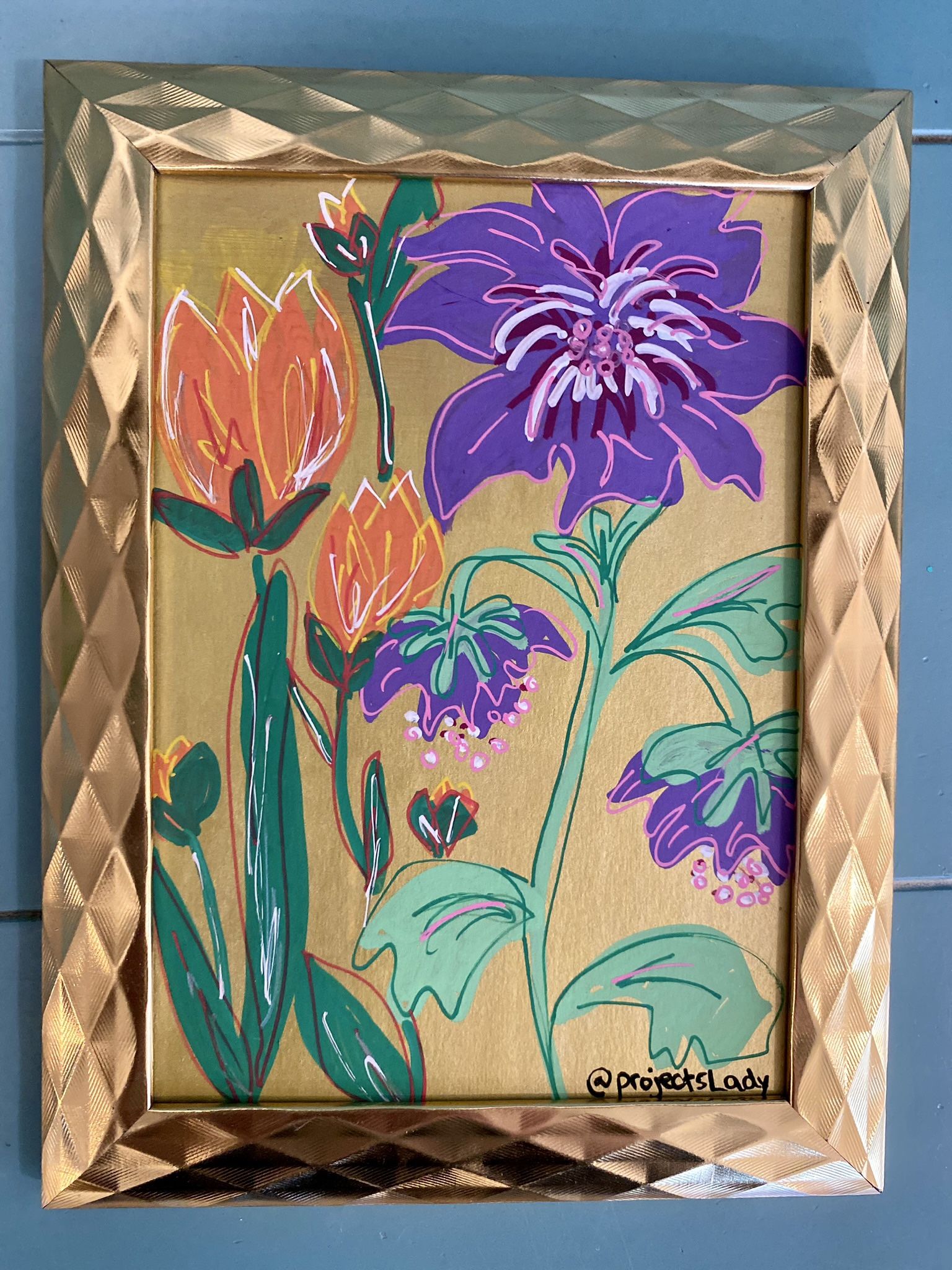 Hand painted retro art- framed 7.5 x 6.5 inches