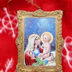 Vintage Virgin Mary And Baby Jesus Ceramic Catholic Christmas Ornament