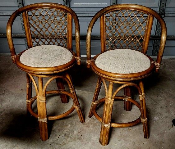 Two Swivel Rattan Barstools