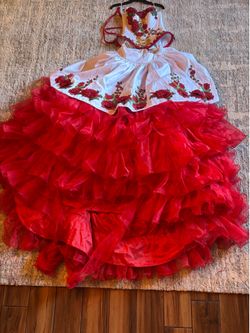 Elegant Red & White Quinceañera Dress Full Set w/ Crown, Bouquet & Hoop Skirt