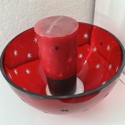 Teleflora Red Crystal Bowl w/Etched Stars + Matching Candle + Pillar