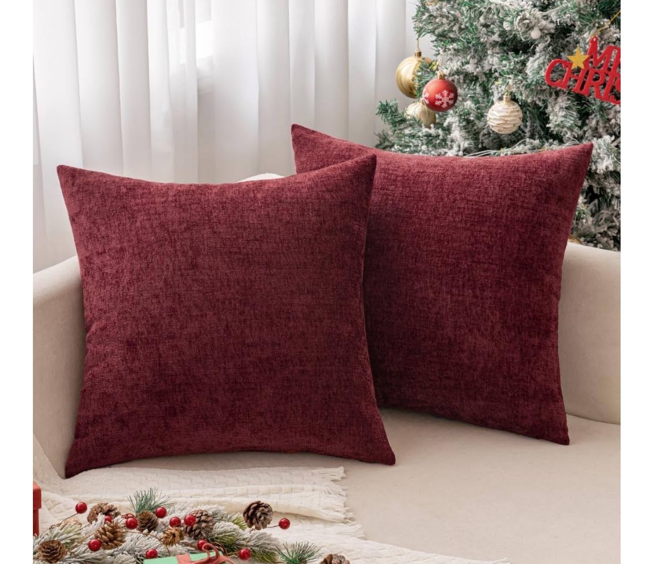 MIULEE Pack of 2 Wine Red Couch Throw Pillow Covers 20x20 Inch Soft Chenille Pillow Covers for Sofa Living Room Solid Dyed Pillow Cases