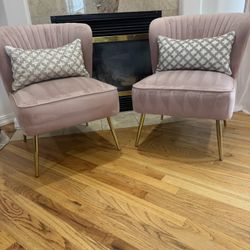 Set of 2 Pink Velvet Accent Chairs with Gold Legs – Modern Glam