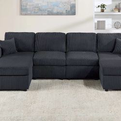 Brand New Comfy Black Corduroy Double Chaise Sectional 