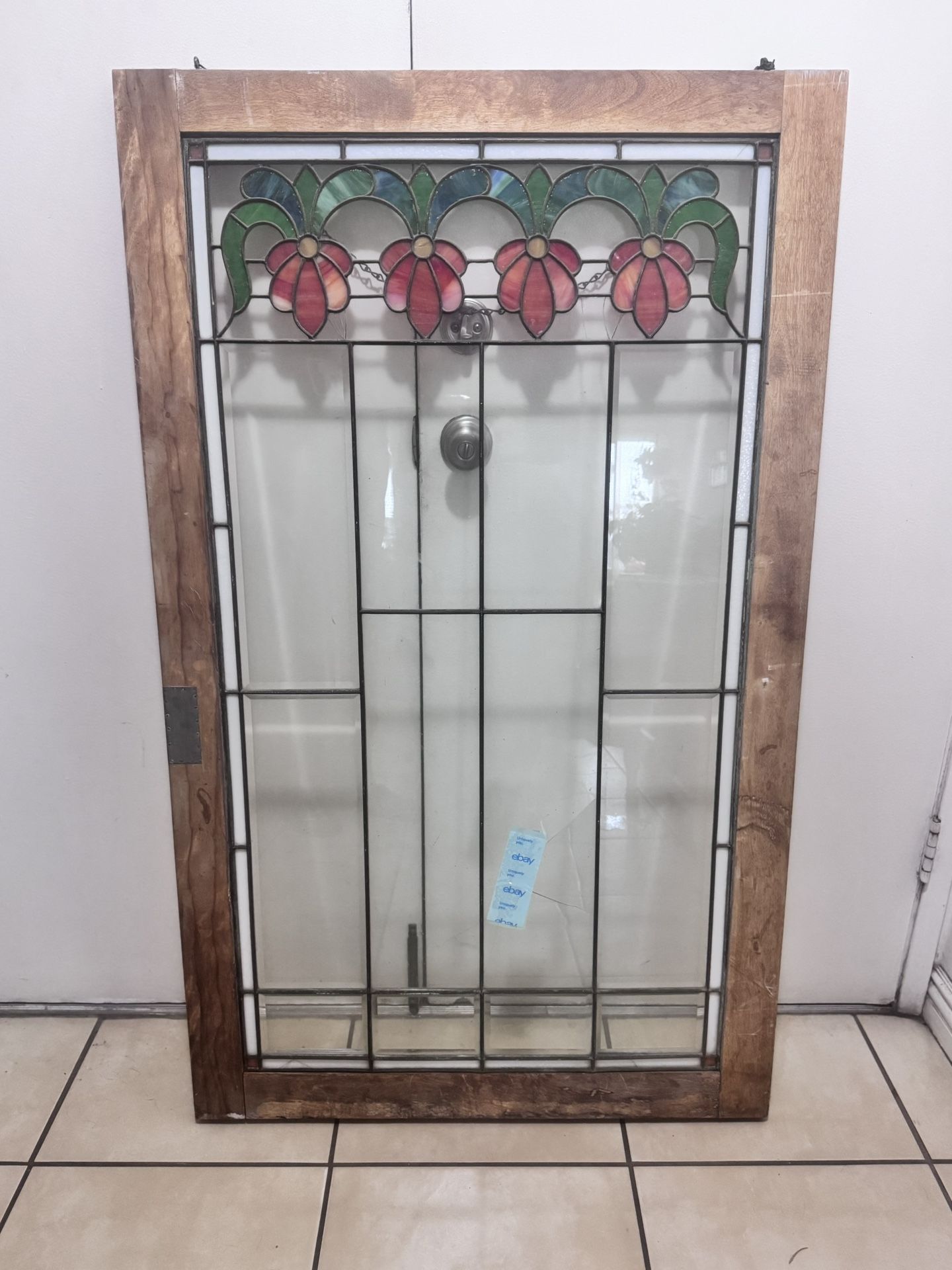 Large Vintage Antique Stained Glass Wood Framed
