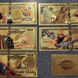 5 New Donald Trump 2020 Heros Gold Foil Novelty Bills Set, RAMBO, SUPERMAN,  ASTRONAUT 