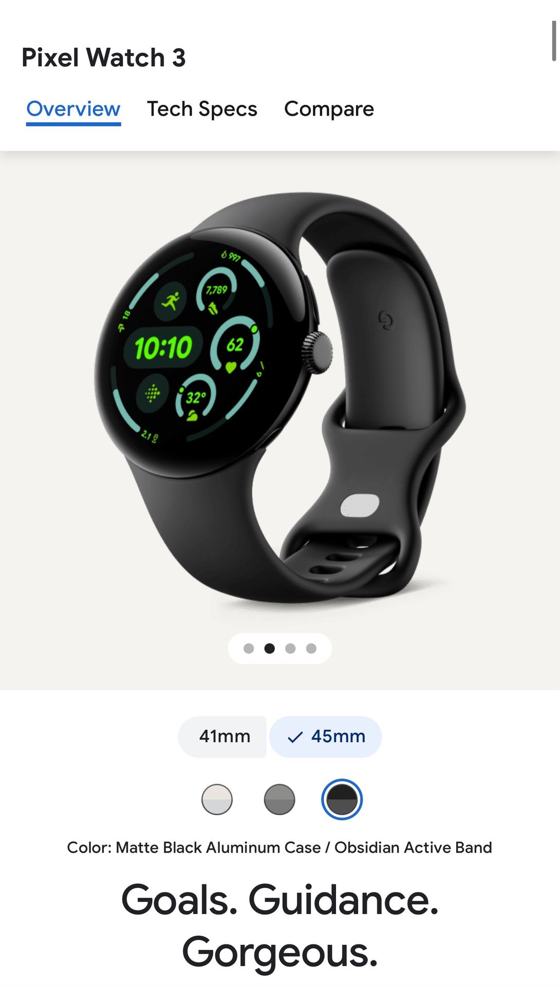 Google Pixel Watch 3 (45mm) Matte Black Aluminum Case / Obsidian Active Band LTE
