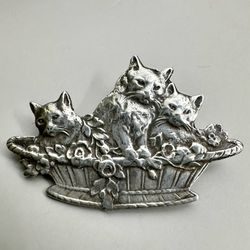 Cat And Two Kittens Brooch Inside Flowers Basket Sterling Silver Vintage Pin