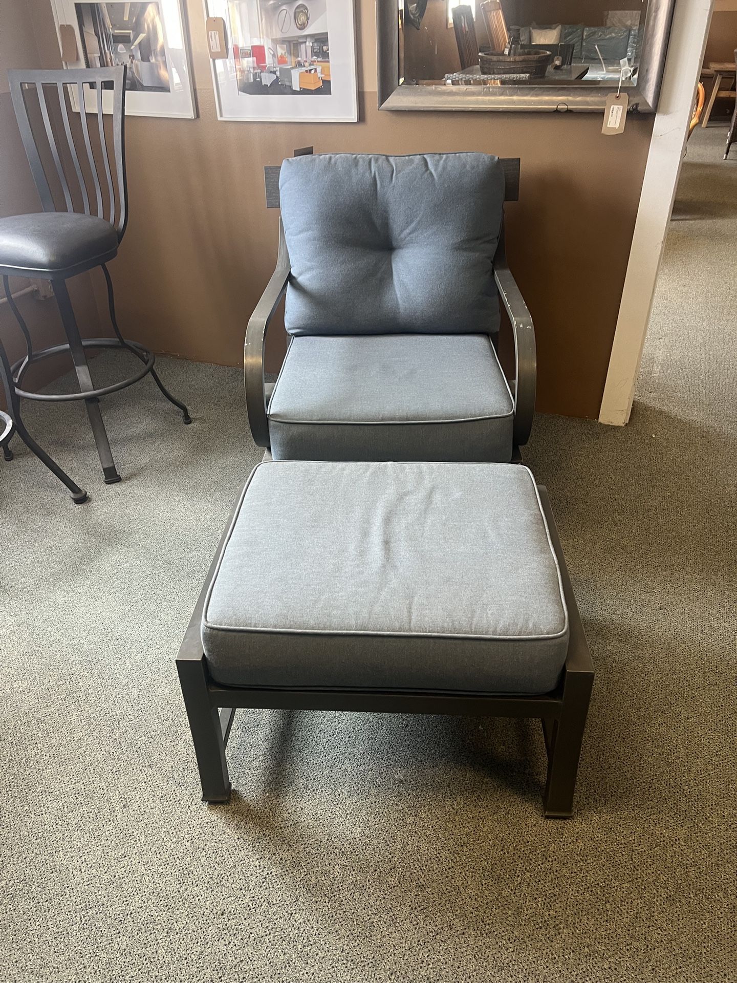 PATIO SET: Light blue Patio Chair & Ottoman w/ light blue cushions As-Is (wear & tear) SKU NVRBCE