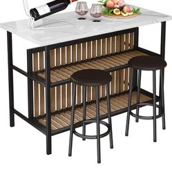 AWQM Kitchen Island Table with Seating and Storage, 3 Piece Bar Table Set for 2, Kitchen Bar Table and Chairs Set with Shelves,Faux Marble Dining Tabl