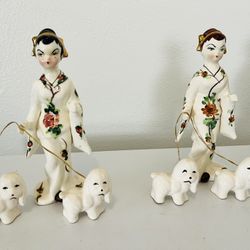 Vintage Geishas Figurine Walking Dogs