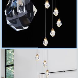 Dimmable Brass Gold Crystal Pendant Light - Modern 5-Light Diamond Chandelier for Kitchen Island, Dining Room, Hallway, and Bathroom