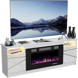 White Fireplace TV Stand for Up to 80" TVs, 36" Electric Fireplace with LED Lights, Charging Station & Removable Shelf, 9mm Birch Plywood Top, 1500W H