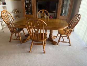 Oak Dining Table Set With Glass Top & 4 Chairs Good Condition
