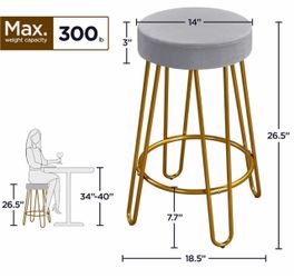 Gray Velvet Bar Stool with Gold Metal Legs - 4