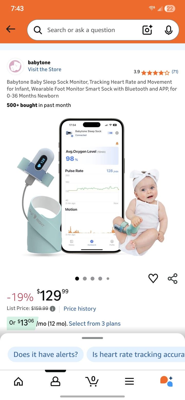 Babytone Baby Sleep Sock Monitor, Tracking Heart Rate and Movement for Infant, Wearable Foot Monitor Smart Sock with Bluetooth and APP, for 0-36 Month