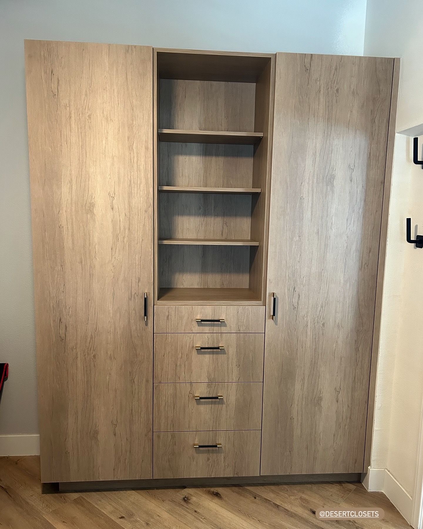 Wooden wardrobe With Shelves And Drawers