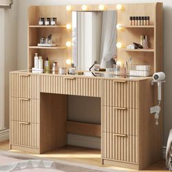 47.2" W Modern Large Vanity Desk With 7 Drawers, 4 Shelves, Led Lighted Mirror &