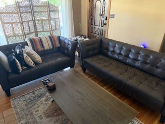 Pair of Dark Brown, Tufted, Italian Leather Sofas (1 Sofa, 1 Loveseat)