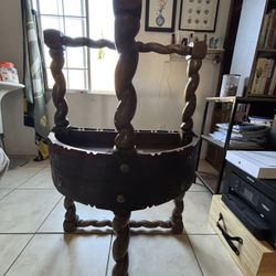 Vintage Carved-Leather, Wooden Drum Table