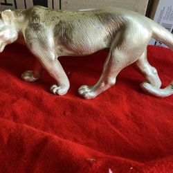 12.5 Inch Long Silver Plated Alabaster Greek Jaguar Statue Imported From Greece